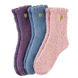 Nayyana® 3 Stück superweiche, flauschige, gemütliche Schlafsocken für Damen, Mikrofaser, warme Slipper-Socken, Winter-gestickte Liebe, verdickte, Korallensamt-Mittelwadensocken von Nayyana