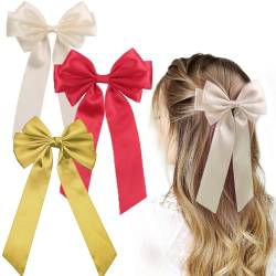 Nayyana 3 Stück große Satin-Haarschleifen für Frauen und Mädchen, Haarspange, lange Schleifen, Haarschmuck im französischen Stil, Schleifenband mit Federklammer, Weiß Rot Gelb von Nayyana