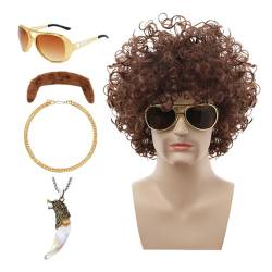 Neamou Disco-Perücken-Set, Disco-Perücken-Männer - 5-teiliges Hippie-Kostüm-Set - Komplett mit Perücke, Schnurrbart, Hip-Hop-Kette, Sonnenbrille, Halskette und Disco-Party-Zubehör für von Neamou