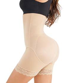 Nebility Taillentrainer für Frauen, hohe Taille, Bauchkontrolle, Höschen, Spitzen-Po-Lifter, Shapewear Slim Body Shaper Shorts - Beige - Small von Nebility