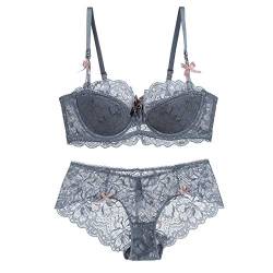 Necalisi BH Push up Grau Damen Dessous Set Spitzen Reizwäsche BH Höschens Set Halfter Unterwäsche Set Frauen v-Ausschnitt Dessous super Push up BH 75B von Necalisi