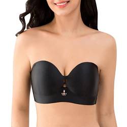 Necalisi BH Push up Schwarz Damen Bandeau Trägerloser BH ohne Bügel Gepolsterter Bralette BH Nahtlose Tube Top BH mit Transparenten Trägern Balconette BH Push up 90D von Necalisi