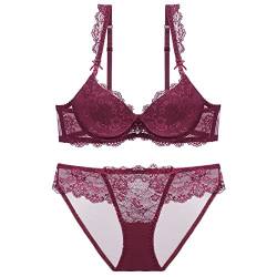 Necalisi BH Weinrot Damen Set Spitze unterwäsche Set Unterwäsche Lingerie Lace Unterwäsche- Set Spitzen BH 70C von Necalisi