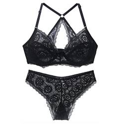 Necalisi BH und Slip Set Damen Schwarz Damen BH Unterwäsche Spitze Bügel BH Ungefüttert Dünn Unterwäsche Push Up Spitze BH Tiefer Ausschnitt Verstellbare Schultergurte BH Push up extrem 95B von Necalisi