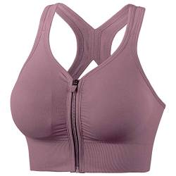 Necalisi Sport BH BH mit reißverschluss vorne Lila Damen Longline Sport BH Gepolstert Ohne Bügel Crop Top High Neck U Rücken Workout Tanktops Softschalen BH ohne bügel XL von Necalisi