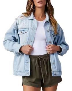 Necooer Casual Jean Jackets for Women Fashion Classic Vintage Boyfriend Oversized Denim Jacket Distressed Stretch Button Down Jean Coat Autumn Spring(M,Hellblau) von Necooer