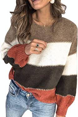 Necooer Colorblocked Sweaters für Damen Langarm-Strickpullover Warme Pullover mit Rundhalsausschnitt,01-braun,L von Necooer