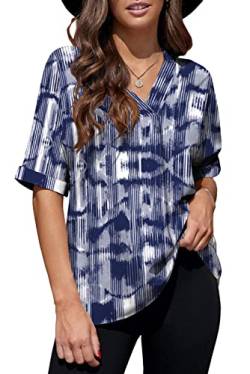 Necooer Damen Casual Chiffon Bluse Sommer V-Ausschnitt Tie Dye Kurzarm Shirts Top（XL,Marineblau） von Necooer