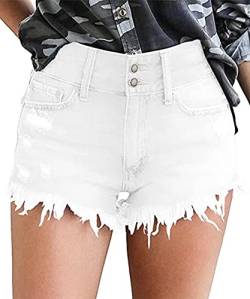 Necooer Damen Jeans 2 Buttons Raw Edge Denim Shorts Weiß 02 M von Necooer