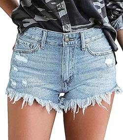 Necooer Damen Jeansshorts Lässige Jeansshorts Ausgefranste, Rohe, zerrissene Kurze Hose Hellblau 01 XL von Necooer