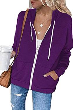 Necooer Damen Kapuzenjacke Einfarbig Kapuzenpullover Jacke Kapuzenpullover mit Taschenreißverschluss Kapuzenjacke (L, A-Violett) von Necooer