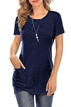 Necooer Damen Kurzarm Rundhals T-Shirts Loose Fit Tops Freizeit Blusen mit Seitentaschen(S，A-Blau von Necooer