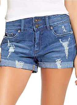 Necooer Damen Sommer Casual Denim Shorts Doppelknopf Zerrissene Jeans Aufgerollt Stretchy Hot Short(XL,Blau 05) von Necooer