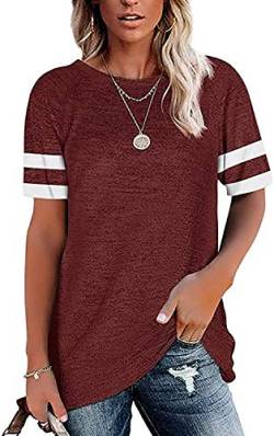 Necooer Damen Sommer Tops Freizeit Loose Fit Nähte Rundhalsausschnitt Mode Tunika T-Shirts(A-Wein,L) von Necooer