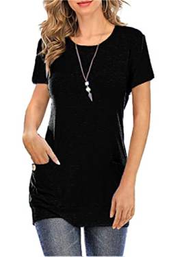 Necooer Damen Sommer Weiche Tunika Kurzarm Langes Schwarzes T-Shirt Mit Tasche (S，A-Schwarz) von Necooer