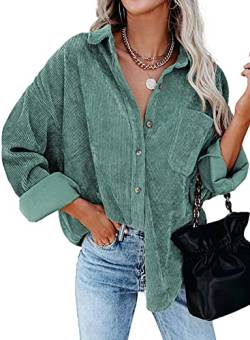 Necooer Damen Weiche Cuff Ärmel Cordkragen Hemden Langarm Button Down Bluse Hemden mit Taschen(XL,Grün) von Necooer