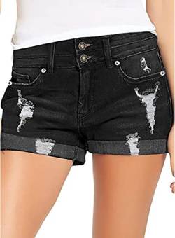 Necooer Damen Zerrissene Zwei-Knopf-Jeans-Shorts Hohe Taille, Stretchy, Gefalteter Saum, Kurze Jeans(XL,Schwarz 05) von Necooer