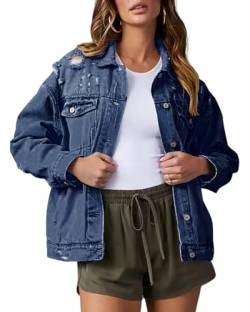 Necooer Frauen Jean Jacken Langarm Freund Distressed Oversized Stretch Button Up Frayed Ripped Washed Blue Denim Jacke für Frauen(XXL,Dunkel Blau) von Necooer