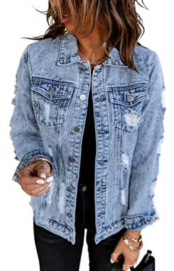 Necooer Jeansjacke Damen Elastische, Lang Geschnittene, Ausgefranste Jeansjacke Damen Denim von Necooer