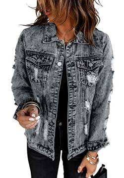 Necooer Jeansjacke Damen Plus Größe Distressed Zerrissene Jeansjacke Damen Lang Tailliert von Necooer