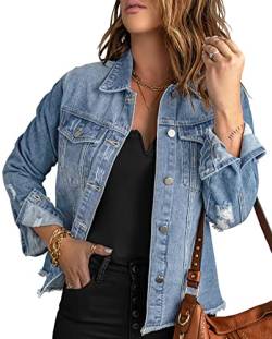 Necooer Jeansjacke Mit Fransen Für Damen In Übergröße Zerrissene Jeansjacke In Distressed-Optik Für Damen Hellblau,XXL von Necooer