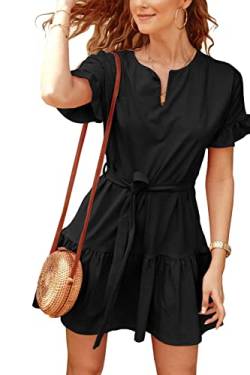 Necooer Kurzarm Kleid für Frauen Lässig Elegant Knielang V-Ausschnitt Sommerkleider,01-schwarz,L von Necooer