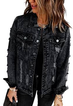 Necooer Schwarze Jeansjacke Damen Zerrissener Boyfriend Washed Denim Jean Coat Jacket Outwear von Necooer