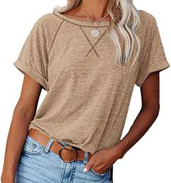 Necooer Women's Casual Round Neck Short Sleeve T-Shirt Summer Loose Blouses Shirts(B-Khaki,S) von Necooer