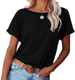 Necooer Womens Basic Solid Color Short Sleeve Casual T-Shirt Summer Raglan Crewneck Cotton Tops(B-Schwarz,S) von Necooer