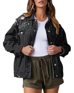 Necooer Womens Casual Jacke Shacket Denim Trucker Mantel Basic Ripped Distressed Schwarz Denim Jacken Stretch Frayed Washed Langarm Jean Jacke mit Tasche(XL,Schwarz) von Necooer