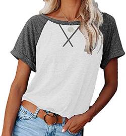 Necooer Womens Splicing Color Block Crewneck Short Sleeve T Shirts Loose Casual Blouses Tees Tops Shirts(C-Weiß,S) von Necooer