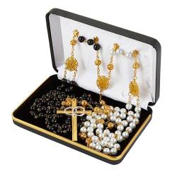 Rosenkranz Lasso für Hochzeitszeremonie mit Etui, goldfarbenes Kruzifix und Medaillen mit schwarzen und elfenbeinfarbenen Perlen, Lazo-Kordel für Paare, 10.6 cm Kreuz von Needzo