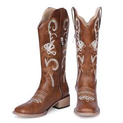 NeelyRisey Damen Bequeme Cowboystiefel Niedriger Absatz Westernstiefel Bestickt Cowgirl Stiefel Pull on Mid Calf Mexikanische Stiefel Braun 38 von NeelyRisey