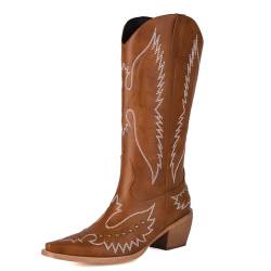 NeelyRisey Damen Klassische Cowboystiefel Pull on Bestickte Cowgirl Stiefel Mittelhoher Absatzs Schwarz Westernstiefel Nieten Cowgirl Stiefel Mid Calf Braun 41 von NeelyRisey