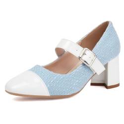 NeelyRisey Damen Mode Mary Jane Schuhe Metallic Blok Absatz Cap Toe Two Tone Party Shoe Knöchelriemchen PatchArbeit Arbeit Buro Pumps Blue Große 40 von NeelyRisey