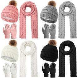 Neer 12 Stück Winter Mütze Schal Handschuhe Set für Damen Strickmütze Langer Strickschal Touchscreen Handschuhe für Frauen von Neer