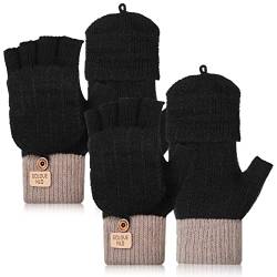 Neer 2 Paar Damen Fingerlos Handschuhe mit Kappe Strick Thermo Halbfinger Fäustlinge Frauen Warm Winterhandschuhe (Schwarz) von Neer