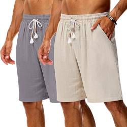 Neer 2 Pack Herren Leinen-Shorts, lässige leichte Kordelzug-Shorts, Sommer, Strand, elastische Taille, kurze Hose mit Taschen, Grau, helles Khaki, Mittel von Neer