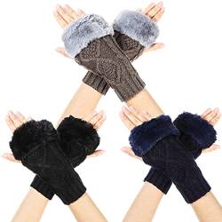 Neer 3 Paar Damen Fingerlose Handschuhe Strickhandschuhe mit Daumenloch Warme Häkel Armstulpen mit Kunstpelz für Frauen Herren von Neer