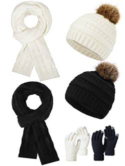 Neer 6 Wintermützen Lange Schale Touchscreen Handschuhe Set Bommel Beanie Mütze Weihnachten Geschenk (Schwarz, Weiß) von Neer