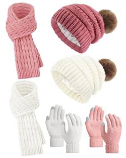 Neer Winter Mütze Schal Handschuhe Set Damen Strick Bommelmütze Touchscreen Handschuh Schal (Weiß, Rosa, 6 Stück) von Neer