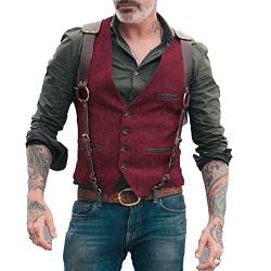 Neil Melody Herren Fischgrät Anzüge Westen Business Tweed schmale Passform Weste Wolle Trauzeuge S-3XL(Large,Burgund) von Neil Melody