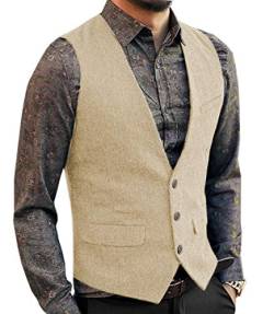 Neil Melody Herren Wolle Herringbone Tweed Lässig Weste Business Anzug Weste Slim-Fit(3X-Large,Champagner) von Neil Melody