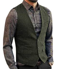 Neil Melody Herren Wolle Herringbone Tweed Lässig Weste Business Anzug Weste Slim-Fit(Large,Armeegrün) von Neil Melody