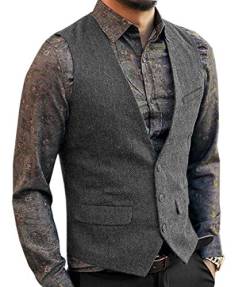 Neil Melody Herren Wolle Herringbone Tweed Lässig Weste Business Anzug Weste Slim-Fit(Large,Grau) von Neil Melody