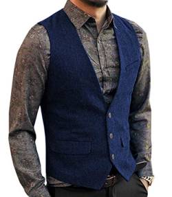 Neil Melody Herren Wolle Herringbone Tweed Lässig Weste Business Anzug Weste Slim-Fit(Large,Königsblau) von Neil Melody