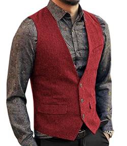 Neil Melody Herren Wolle Herringbone Tweed Lässig Weste Business Anzug Weste Slim-Fit(Large,Rot) von Neil Melody