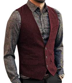 Neil Melody Herren Wolle Herringbone Tweed Lässig Weste Business Anzug Weste Slim-Fit(Small,Burgund) von Neil Melody