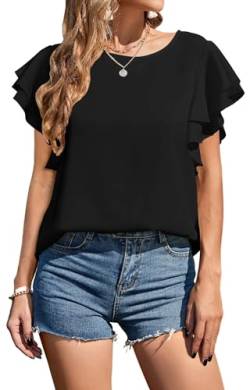 Neineiwu Bluse Damen Rundhals Oberteile doppelte Rüschenärmel Tunika Sommer Kausal Tops Damen Oberteile Crop Tops Damen Damen Geschenke Damen Tunika Pailletten Oberteil Kurzarm Bluse Damen,Black,L von Neineiwu