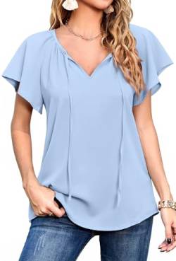 Neineiwu Damen 3/4 Ärmel Oberteil V-Ausschnitt Hemden Drawstring Bluse Tuniken Oberteile Damen blusenrock blusen Damen elegant festlich Damen Pullover elegant Damenbluse rüschenbluse,Light Blue,XL von Neineiwu